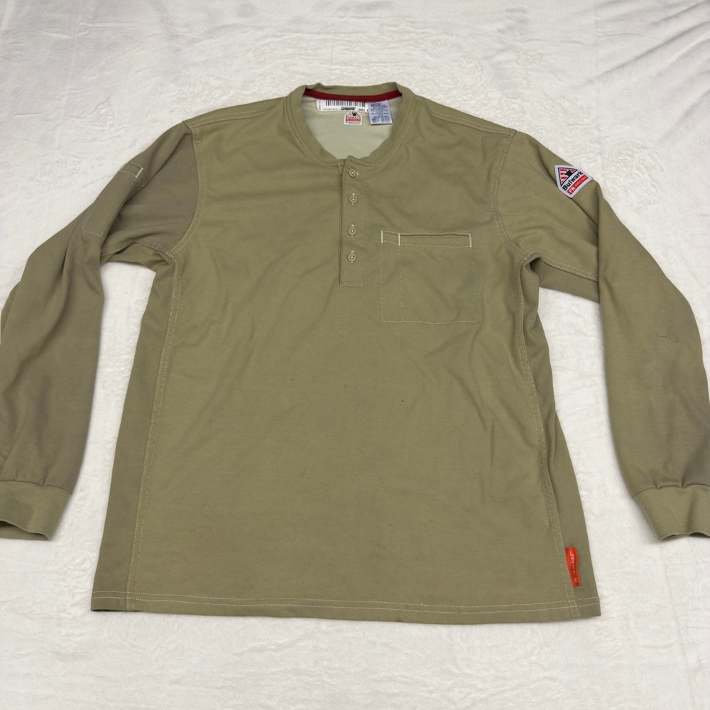Bulwark FR iQ Series Mens Khaki Henley Shirt Flame Resistant QT40KH4 Large Read